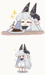 Rule 34 | 1girl, :t, ^^^, arknights, barefoot, black collar, chibi, closed eyes, closed mouth, collar, commentary request, curry, curry rice, eating, food, grey background, grey hair, highres, holding, holding spoon, hood, hood down, hoodie, horns, long hair, long sleeves, mooootmt, mudrock (arknights), pointy ears, red eyes, rice, signature, simple background, sparkle, spoon, stained clothes, sweat, very long hair, wavy mouth, white hoodie