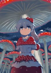 Rule 34 | 1girl, blue eyes, cave, cloud, commentary request, dress, fly agaric, food-themed hair ornament, from below, grey hair, hair ornament, highres, layered dress, long hair, looking up, monosenbei, mushroom, mushroom hair ornament, nahata sana (monosenbei), night, original, outdoors, short sleeves, sky, solo, white dress