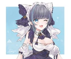 Rule 34 | 1girl, :d, azur lane, black bow, black hair, blue background, blue eyes, blue hair, blunt bangs, bow, breasts, cheshire (azur lane), cleavage, collar, detached sleeves, dress, earrings, fang, frills, jewelry, large breasts, looking at viewer, maid headdress, multicolored hair, one eye closed, open mouth, ribbon, short hair, smile, solo, streaked hair, two-tone hair, upper body, yu ouz