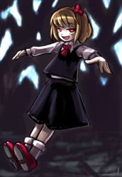 Rule 34 | 1girl, blonde hair, embodiment of scarlet devil, female focus, hair ribbon, hirosato, necktie, open mouth, outstretched arms, red eyes, ribbon, rumia, short hair, solo, spread arms, touhou