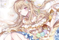 Rule 34 | 1girl, ;), bang dream!, blonde hair, blue flower, clenched hand, detached collar, dress, earrings, floral background, flower, frills, green flower, hair ribbon, half updo, jewelry, long hair, looking at viewer, neck ribbon, nennen, one eye closed, orange ribbon, pink flower, pom pom (clothes), pom pom earrings, purple eyes, purple flower, ribbon, shirasagi chisato, smile, solo, sparkle, striped ribbon, wrist cuffs, yellow flower