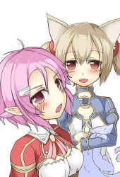 Rule 34 | 10s, 2girls, animal ears, blush, bow, bowtie, brown hair, cat ears, dress, freckles, hair ornament, hairclip, lisbeth (sao), lisbeth (sao-alo), multiple girls, open mouth, pina (sao), pink hair, pointy ears, purple eyes, red eyes, rindou (faker&#039;s manual), short hair, short twintails, silica, silica (sao-alo), sword art online, twintails
