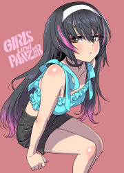 Rule 34 | 1girl, absurdres, alternate costume, black skirt, blue shirt, breasts, brown eyes, collarbone, copyright name, crop top, expressionless, eyebrows hidden by hair, girls und panzer, gyaru, hairband, highres, invisible chair, leaning forward, looking to the side, medium breasts, multicolored hair, pink hair, reizei mako, shirt, sitting, skirt, solo, streaked hair, white hairband, yamashita shun&#039;ya