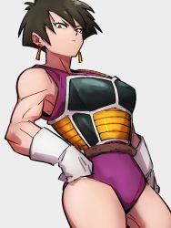 Rule 34 | 1girl, arm at side, armor, black hair, breasts, clenched hand, closed mouth, contrapposto, cowboy shot, dragon ball, dragon ball super, dragon ball super broly, dragonball z, dutch angle, earrings, frown, gloves, gold earrings, grey background, hand on own hip, jewelry, kemachiku, leotard, looking at viewer, looking down, monkey tail, muscular, muscular female, pink leotard, red eyes, saiyan armor, serious, seripa, short hair, simple background, solo, tail, tail around waist, thighs, tsurime, v-shaped eyebrows, very short hair, white gloves
