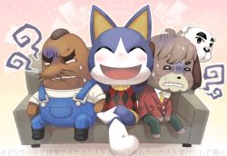 Rule 34 | 4boys, :&lt;, anger vein, animal crossing, animal ears, annoyed, antenna hair, argyle, argyle clothes, argyle shirt, arm around shoulder, arms up, bald, barefoot, black eyes, black footwear, blank eyes, blush, boots, brown hair, cat boy, cat ears, clenched teeth, closed eyes, closed mouth, couch, crossed legs, digby (animal crossing), dog boy, dog ears, freckles, full body, furry, furry male, gradient background, green pants, happy, jacket, japanese text, k.k. slider (animal crossing), male focus, mr. resetti, multiple boys, necktie, nintendo, o o, open mouth, outline, outstretched arms, overalls, own hands together, pants, pink background, red jacket, red shirt, rover (animal crossing), shirt, short hair, short sleeves, simple background, sitting, sleeveless, sleeveless shirt, smile, spread arms, suspenders, sweatdrop, teeth, thick eyebrows, translation request, tsutsuji (hello x 2), turn pale, very short hair, white eyes, white shirt, yellow neckwear