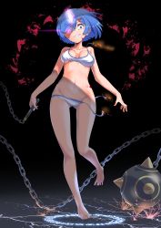 Rule 34 | absurdres, bare arms, bare shoulders, barefoot, bikini, blood, blood on face, blood splatter, blue eyes, blue hair, breasts, breasts apart, burning clothes, chain, cleavage, collarbone, crazy eyes, crazy smile, fire, flail, full body, glowing horns, gluteal fold, groin, hair ornament, hair over eyes, highres, holding flail, horns, kagami (haret46), magic circle, medium breasts, midriff, navel, one eye covered, re:zero kara hajimeru isekai seikatsu, rem (re:zero), shadow, short hair, single horn, smile, sparks, standing, standing on one leg, stomach, swimsuit, weapon, white bikini, x hair ornament