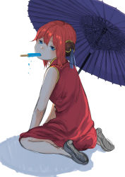 Rule 34 | 1girl, absurdres, black footwear, blue eyes, bun cover, chinese clothes, dress, eyebrows, food, from side, full body, gintama, hair between eyes, head tilt, high heels, highres, ikoan, kagura (gintama), mouth hold, oil-paper umbrella, orange hair, popsicle, red dress, shadow, shoes, sitting, sketch, solo, umbrella