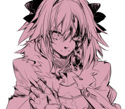 Rule 34 | 1boy, :|, astolfo (fate), blood, blood on clothes, blood on face, bow, cloak, closed mouth, commentary request, emblem, fate/apocrypha, fate (series), fur-trimmed cloak, fur collar, fur trim, gauntlets, gorget, hair between eyes, hair bow, hair intakes, half-closed eyes, hand up, injury, kan&#039;yu (citron 82), long hair, long sleeves, looking at viewer, male focus, monochrome, parted bangs, shirt, simple background, sketch, solo, tears, torn cloak, torn clothes, trap, turtleneck, uneven eyes, upper body, v-shaped eyebrows