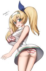 Rule 34 | 1girl, absurdres, ass, blonde hair, blue eyes, breasts, cosplay, dated, dress, from behind, gambier bay (kancolle), hairband, highres, kantai collection, large breasts, libeccio (kancolle), libeccio (kancolle) (cosplay), looking back, maru (marg0613), neckerchief, panties, sailor dress, side-tie dress, simple background, solo, striped clothes, striped neckerchief, striped panties, twintails, twitter username, underwear, white background, white dress, white hairband