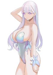 Rule 34 | 1girl, :o, absurdres, arm up, azur lane, breasts, cleavage, cowboy shot, earrings, highres, jewelry, large breasts, leotard, looking at viewer, pink eyes, playboy bunny, plymouth (azur lane), purple eyes, purple hair, solo, thick thighs, thighs, tnr (horiko1525), white hair, wristband