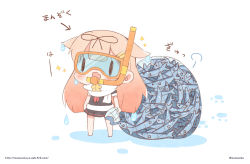 Rule 34 | 10s, 1girl, :d, bow, chibi, commentary request, diving mask, fish, fishnets, goggles, hair bow, hair ornament, hair ribbon, hairclip, kantai collection, long hair, looking at viewer, momoniku (taretare-13), open mouth, orange hair, pleated skirt, ribbon, saury, school uniform, serafuku, skirt, smile, snorkel, solo, sparkle, translated, wet, wet clothes, yuudachi (kancolle), yuudachi kai ni (kancolle)