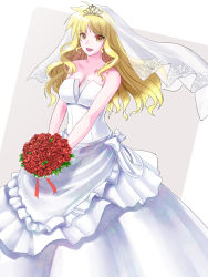 Rule 34 | 1girl, bare shoulders, blonde hair, blush, bouquet, breasts, bridal veil, bride, cleavage, collarbone, commentary, dress, fate testarossa, flower, highres, large breasts, long hair, lyrical nanoha, mahou shoujo lyrical nanoha strikers, open mouth, red eyes, simple background, smile, solo, sougetsu izuki, two-tone background, veil, wedding dress, white background
