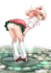 Rule 34 | 1girl, artist logo, artist name, ass, blonde hair, bracelet, brown footwear, clothes around waist, commentary request, crotch seam, dress shirt, earrings, from behind, full body, green eyes, green skirt, gyaru, hair ornament, hair scrunchie, hajimete no gal, hands on own knees, highres, jewelry, kneepits, lace, lace-trimmed panties, lace trim, loafers, long hair, long sleeves, looking at viewer, looking back, loose socks, miniskirt, nail polish, open mouth, panties, pink nails, pink scrunchie, pleated skirt, ponytail, red skirt, ring, road, school uniform, scrunchie, shirt, shoes, skirt, sleeves rolled up, smile, socks, solo, sparkle, standing, stone, sweater, sweater around waist, tan, teruchan, thighs, underwear, white background, white legwear, white panties, white shirt, yame yukana