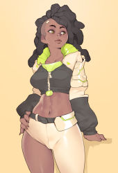 Rule 34 | 1girl, abs, absurdres, asymmetrical clothes, asymmetrical hair, belt, big hair, black hair, borrowed character, breasts, brown eyes, commentary, commission, cropped jacket, dark skin, dark-skinned female, english commentary, eyeshadow, fictional persona, fingernails, dreadlocks, highres, lips, long hair, long sleeves, looking afar, makeup, medium breasts, midriff, navel, neon trim, norasuko, phantasy star, phantasy star online 2, sharp fingernails, single pantsleg, solo, thick eyebrows, undercut, very dark skin, yellow background