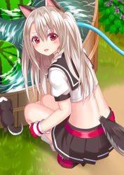 Rule 34 | 1girl, :d, animal, animal ears, azur lane, black sailor collar, black skirt, blush, braid, commentary request, crop top, day, fingerless gloves, flower, food, from behind, fruit, gloves, grey hair, hair between eyes, hose, long hair, looking at viewer, looking back, loose socks, midriff, one side up, open mouth, outdoors, photoshop (medium), pleated skirt, puffy short sleeves, puffy sleeves, purple flower, red eyes, red footwear, red gloves, revision, sailor collar, shirt, shoes, short sleeves, skirt, smile, socks, solo, squatting, tail, thick eyebrows, tukino neru, water, watermelon, white shirt, white socks, wolf, wolf ears, wolf girl, wolf tail, yuudachi (azur lane)