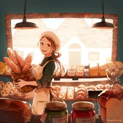 Rule 34 | 1girl, akagi shun, apron, baguette, basket, beret, bread, bread slice, brown eyes, brown hair, croissant, egg, food, from side, green shirt, hair pulled back, hat, high collar, holding, holding basket, indoors, jam, jar, long hair, muffin, open mouth, original, parted bangs, shirt, shop, sleeves rolled up, smile, solo, tart (food), teeth, toast, tongue, upper body, white apron, white hat, window