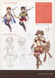 Rule 34 | 1girl, absurdres, aquaplus, arrow (projectile), black thighhighs, boots, bow, bow (weapon), brown hair, character sheet, dungeon travelers 2, elbow gloves, female focus, gloves, gradient background, green eyes, hat, highres, holding, holding weapon, knee boots, lineart, midriff, mitsumi misato, multiple views, partially colored, pleated skirt, scan, short hair, skirt, souffle twinny, sword, thighhighs, variations, weapon, white background, zettai ryouiki