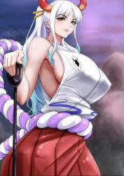Rule 34 | blue hair, breasts, breasts apart, crop top, dress, earrings, horns, jewelry, moriton, one piece, orange eyes, red dress, shirt, white hair, white shirt, yamato (one piece)