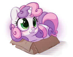 Rule 34 | 1girl, blush, bobdude0, box, cardboard box, green eyes, horns, in box, in container, multicolored hair, my little pony, my little pony: friendship is magic, no humans, pink hair, purple hair, simple background, single horn, solo, sweetie belle, two-tone hair, unicorn, white background, white fur