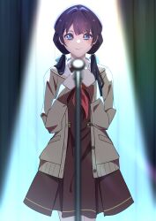 Rule 34 | 1girl, absurdres, blue eyes, blue hair, blue ribbon, blurry, blurry foreground, brown cardigan, brown dress, cardigan, closed mouth, commentary request, cowboy shot, dark blue hair, dress, fujiwaland, hair ribbon, hands on own chest, hasu no sora school uniform, highres, link! like! love live!, long hair, long sleeves, looking at viewer, love live!, low twintails, medium dress, microphone stand, mole, mole on neck, murano sayaka, neckerchief, open cardigan, open clothes, pleated dress, red neckerchief, ribbon, sailor collar, sailor dress, school uniform, smile, solo, spotlight, straight-on, twintails, virtual youtuber, white sailor collar, winter uniform