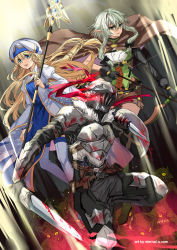 Rule 34 | 1boy, 2girls, armor, black bow, blonde hair, blood, blue eyes, blush, boots, bow, bow (weapon), breasts, colored skin, commentary request, dress, elf, full armor, gloves, glowing, goblin, goblin slayer, goblin slayer!, green eyes, green hair, green skin, hair between eyes, hair bow, hat, helmet, high elf archer (goblin slayer!), holding, long hair, long sleeves, looking at viewer, multiple girls, plume, pointy ears, priestess (goblin slayer!), sharp teeth, shield, shorts, sidelocks, skirt, small breasts, sword, teeth, ten-chan (eternal s), thigh boots, thighhighs, weapon