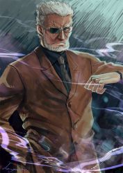 Rule 34 | 1boy, bad id, bad pixiv id, beard, black shirt, brown jacket, brown necktie, brown pants, brown suit, burn scar, closed mouth, collared shirt, commentary request, czech gana, facial hair, formal, glasses, green eyes, grey hair, hand in pocket, jacket, kuroda hyoue, long sleeves, looking at viewer, male focus, meitantei conan, necktie, old, old man, opaque glasses, pants, partially opaque glasses, rectangular eyewear, scar, scar on face, serious, shirt, short hair, signature, solo, standing, suit