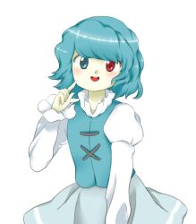 Rule 34 | 1girl, :d, blue eyes, blue hair, blue skirt, blue vest, finger to face, flat chest, hand up, heterochromia, juliet sleeves, long sleeves, looking at viewer, nonamejd, official style, open mouth, puffy sleeves, red eyes, round teeth, shirt, short hair, simple background, single horizontal stripe, skirt, smile, solo, tatara kogasa, teeth, touhou, upper teeth only, vest, white background, white shirt, zun (style)
