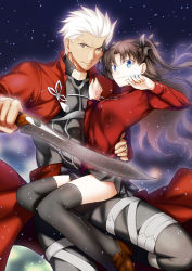 Rule 34 | 1boy, 1girl, archer (fate), black hair, black pants, black ribbon, black skirt, black thighhighs, blue eyes, brown eyes, fate/stay night, fate (series), floating hair, hair ribbon, hand on another&#039;s hip, holding, holding sword, holding weapon, long hair, looking at viewer, manly, miniskirt, nina (pastime), pants, pleated skirt, red shirt, ribbon, shirt, silver hair, skirt, smile, spiked hair, sword, thighhighs, tohsaka rin, twintails, two side up, weapon