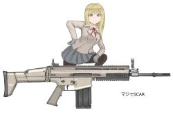 Rule 34 | 1girl, absurdres, assault rifle, blonde hair, blue eyes, brown coat, closed mouth, coat, d-sawa613, fn scar, gloves, grey gloves, grey skirt, gun, hand on own hip, highres, leggings, long hair, long sleeves, looking at viewer, original, rifle, school uniform, simple background, skirt, solo, weapon, white background