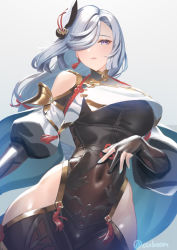 Rule 34 | 1girl, black gloves, blue eyes, blush, bodysuit, braid, breasts, clothing cutout, covered navel, cuboon, elbow gloves, genshin impact, gloves, hair ornament, hair over one eye, hip vent, large breasts, long hair, long sleeves, looking at viewer, low-braided long hair, low-tied long hair, nail polish, partially fingerless gloves, puffy long sleeves, puffy sleeves, shenhe (genshin impact), shoulder cutout, silver hair, solo, tabard, tassel, thighs, very long hair