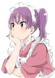 Rule 34 | 10s, 1girl, apron, bad id, bad pixiv id, frilled shirt collar, frills, frown, head rest, highres, kazuno leah, love live!, love live! sunshine!!, maid, maid apron, maid headdress, musshu (omu001), purple hair, red eyes, simple background, sleeves rolled up, solo, tsurime, twintails, v-shaped eyebrows, wa maid, white background