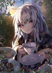 Rule 34 | 1girl, absurdres, ahoge, blurry, blurry background, cappukappa, closed mouth, cookie, cup, fire emblem, fire emblem: three houses, food, highres, holding, holding cup, holding plate, long hair, long sleeves, looking at viewer, lysithea von ordelia, muffin, nintendo, outdoors, pink eyes, plate, smile, solo, teacup, tiered tray, twilight, white hair, wide sleeves