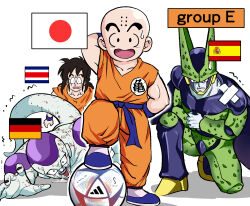 Rule 34 | 2022 fifa world cup, 4boys, al rihla, angry, bald, ball, belt, black hair, blue belt, cell (dragon ball), commentary request, constricted pupils, costa rican flag, crossed bandaids, defeat, dougi, dragon ball, dragonball z, drooling, frieza, full body, german flag, highres, himekishi tarutu (artist), japanese flag, kuririn, looking at viewer, male focus, multiple boys, open mouth, scratches, smile, soccer ball, spanish flag, sweatdrop, trembling, world cup, yamcha