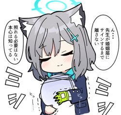 Rule 34 | 1boy, 1girl, animal ear fluff, animal ears, doodle sensei (blue archive), blazer, blue archive, blue jacket, blue scarf, blush, chibi, closed eyes, closed mouth, commentary request, cropped torso, gloves, green gloves, grey hair, hair between eyes, hair ornament, halo, jacket, nyaru (nyaru 4126), scarf, sensei (blue archive), shiroko (blue archive), simple background, translation request, trembling, turn pale, upper body, white background