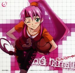 Rule 34 | 00s, 1girl, album cover, ball, basketball, basketball (object), basquash!, blush, cover, earrings, green eyes, highres, jewelry, one eye closed, pink hair, ponytail, rouge (basquash), solo, thigh gap, wink