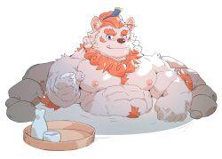 Rule 34 | 1boy, abs, bara, blue eyes, blush, bottle, choko (cup), claws, commentary, cup, english commentary, fang, fang out, furry, furry male, highres, komainu boy, komainu ears, looking at viewer, male focus, mixvariety, muscular, muscular male, nipples, one eye closed, onsen, pectorals, ponytail, sake bottle, sdorica, smile, topless male, toyokuni (sdorica), upper body, white background
