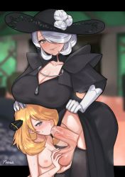 Rule 34 | 2girls, absurdres, age difference, aged down, black legwear, black robe, blonde hair, breasts, clothed female nude female, clothed sex, clothes, cogita (pokemon), creatures (company), cynthia (pokemon), elbow gloves, fellatio, futa with female, futanari, game freak, gloves, grabbing, grey eyes, hair over one eye, hand on another&#039;s head, hat, highres, huge breasts, large penis, large testicles, long hair, mature female, medium breasts, multiple girls, nintendo, nipples, norza, nude, oral, penis, pokemon, pokemon dppt, pokemon legends: arceus, robe, smile, sun hat, testicle grab, testicles, thighhighs, uncensored, white gloves, white hair