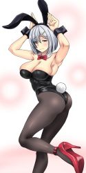 Rule 34 | 1girl, alternate costume, animal ears, ass, black leotard, black pantyhose, blue eyes, bow, bowtie, breasts, cleavage, cowboy shot, detached collar, embarrassed, fake animal ears, hair ornament, hairclip, hamakaze (kancolle), high heels, highres, kantai collection, kinntarou, large breasts, leotard, looking at viewer, pantyhose, playboy bunny, pumps, rabbit ears, rabbit pose, rabbit tail, red bow, red bowtie, red footwear, shoes, short hair, silver hair, simple background, solo, standing, standing on one leg, strapless, strapless leotard, tail, white background, wrist cuffs