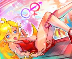 Rule 34 | 1girl, absurdres, ass, bare arms, bare shoulders, blonde hair, blue eyes, blush, bracelet, breasts, dress, earrings, from side, hair between eyes, high heels, highres, hoop earrings, jewelry, long hair, mars symbol, nail polish, onimiere, panties, panty &amp; stocking with garterbelt, panty (psg), panty pull, pink panties, red dress, red footwear, red nails, shiny skin, short dress, small breasts, solo, tongue, tongue out, underwear, venus symbol