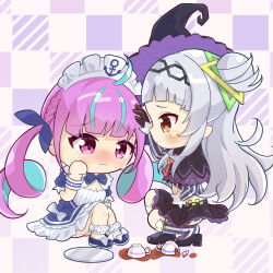 Rule 34 | 2girls, absurdres, accident, ahoge, anchor symbol, arched bangs, black capelet, black skirt, blue dress, blue hair, blue ribbon, blush, capelet, chibi, chibi only, colored inner hair, dress, drill hair, grey hair, grey thighhighs, hair bun, hair ribbon, hairband, hand on another&#039;s head, hat, headpat, highres, hololive, long hair, long sleeves, maid, maid headdress, minato aqua, minato aqua (1st costume), miniskirt, multicolored hair, multiple girls, murasaki shion, murasaki shion (1st costume), nishi azuma, purple eyes, purple hair, ribbon, short dress, side up bun, single side bun, skirt, squatting, streaked hair, striped clothes, striped thighhighs, tearing up, thighhighs, tilted headwear, twin drills, twintails, two-tone hair, vertical-striped clothes, vertical-striped thighhighs, virtual youtuber, witch hat, yellow eyes