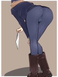 Rule 34 | 10s, 1girl, ass, bent over, black pantyhose, boots, brave witches, em (totsuzen no hakike), from behind, hat, kneepits, military, military uniform, no panties, outside border, panties, pantyhose, simple background, solo, standing, strike witches, trefoil, underwear, uniform, waltrud krupinski, world witches series