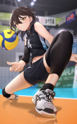 Rule 34 | 1girl, absurdres, ad, asics, ball, blush, brand name imitation, breasts, brown hair, commentary request, elbow sleeve, gym, highres, knee pads, lights, midriff peek, motion blur, navel, original, playing sports, reflective floor, shoes, short hair, short ponytail, short shorts, shorts, small breasts, socks, sportswear, squatting, sweatdrop, teeth, thighs, vegetablenabe, volleyball, volleyball (object), volleyball uniform, yellow eyes