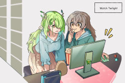 Rule 34 | 2girls, ahoge, antlers, braid, braided bangs, branch, brown eyes, brown hair, ceres fauna, closed eyes, corset, desk, dice, dress, eating, english text, feather hair ornament, feathers, flower, fongban illust, food, gloves, green hair, green hoodie, hair down, hair flower, hair ornament, hair over one eye, hairclip, highres, hololive, hololive english, hood, hoodie, hootsie (nanashi mumei), horns, long hair, long skirt, monitor, mouse (computer), multicolored hair, multiple girls, nail polish, nanashi mumei, nintendo switch, open mouth, partially fingerless gloves, ponytail, popcorn, shirt, skirt, smile, streaked hair, stuffed toy, very long hair, virtual youtuber, yellow eyes