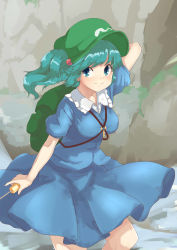 Rule 34 | 1girl, absurdres, arm up, backpack, bag, blue hair, blue shirt, blue skirt, breasts, collared shirt, frilled shirt collar, frills, grass, green hat, hair bobbles, hair ornament, happy, hat, highres, jewelry, kappa, kawashiro nitori, key, large breasts, looking at viewer, mirukuro092, necklace, outdoors, puffy short sleeves, puffy sleeves, river, screwdriver, shirt, short hair, short sleeves, short twintails, sidelocks, skirt, skirt set, smile, solo, touhou, twintails, two side up, walking