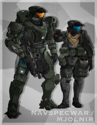 Rule 34 | 2boys, armor, assault rifle, assault visor, black footwear, black gloves, boots, bullpup, clenched hand, full body, gauthier arts, gloves, gun, halo (series), highres, holding, holding gun, holding weapon, ma5, male focus, master chief, multiple boys, odst, pouch, power armor, redesign, rifle, science fiction, spartan (halo), standing, weapon