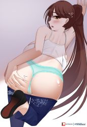 Rule 34 | 1girl, artist request, ass, ass grab, azur lane, back, backboob, bare shoulders, blush, breasts, brown eyes, brown hair, cleft of venus, clothes pull, deep skin, denim, from behind, highres, huge ass, jeans, large breasts, long hair, looking at viewer, looking back, pants, pants pull, ponytail, pussy, see-through, shiny skin, solo, tank top, thong, very long hair, yellow eyes, zuikaku (azur lane)