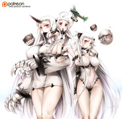 Rule 34 | 10s, 3girls, abyssal ship, ahoge, aircraft, airfield princess, airplane, barefoot, blush, bracelet, breasts, claws, collar, covered erect nipples, covered navel, dress, enemy aircraft (kancolle), feet, groin, horns, huge breasts, jewelry, kantai collection, kore (korewa13th), large breasts, leotard, long hair, looking at viewer, mechanical arms, mittens, multiple girls, northern ocean princess, open mouth, pout, red eyes, ribbed dress, seaport princess, see-through, short dress, single horn, single mechanical arm, sitting on arm, spiked anklet, spiked bracelet, spiked collar, spikes, standing, very long hair, watermark, web address, white hair, wide sleeves