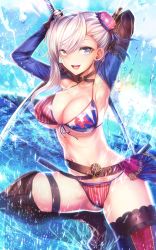 Rule 34 | 1girl, american flag bikini, asymmetrical hair, bad id, bad pixiv id, bikini, boots, breasts, brown gloves, bun cover, cleavage, commentary request, cropped jacket, fate/grand order, fate (series), fingerless gloves, flag print, gloves, hair ornament, highres, large breasts, long hair, looking at viewer, miyamoto musashi (fate), miyamoto musashi (fate/grand order), miyamoto musashi (swimsuit berserker) (fate), miyamoto musashi (swimsuit berserker) (second ascension) (fate), pink hair, silly (marinkomoe), solo, star (symbol), star print, striped bikini, striped clothes, swimsuit, thigh boots, thighhighs, water