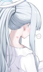 Rule 34 | 1girl, absurdres, alternate costume, blue archive, breasts, dress, grey hair, halo, highres, large breasts, long hair, long sleeves, mechanical halo, nape, noa (blue archive), ponytail, reia 76, revision, simple background, solo, spoken blush, upper body, white background, white dress