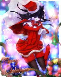 Rule 34 | 10s, 1girl, abyssal ship, alternate costume, black hair, black pantyhose, blush, boots, box, capelet, christmas, dress, elbow gloves, fur trim, gift, gift box, gloves, hat, highres, horns, kantai collection, knee boots, pantyhose under shorts, light cruiser princess, long hair, looking at viewer, mask, merry christmas, mochitsuki (mo chooon), open mouth, pale skin, pantyhose, red footwear, red gloves, sack, santa costume, santa hat, shorts, skirt, solo, white skirt